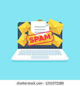 Full Email Inbox Of Spam. Spammer Letters In Full Mailbox On Computer Screen Isolated. Computers Virus Scam Lot Messages Junk In Letterbox  Icon Flat Illustration