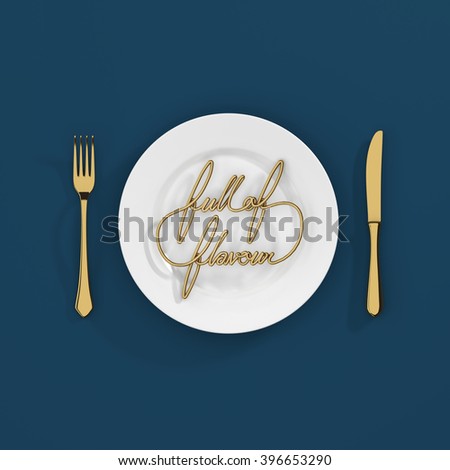 Full of Flavour Quote Typographical Background. minimal illustration with fork and knife 3D rendering - gold and blue scheme