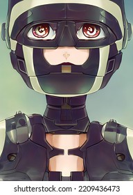 Full Focused Anime Style Robot Android Girl Helmeted, 3D Illustration