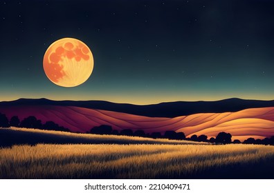 A Full Harvest Moon Shines Over The Fields.