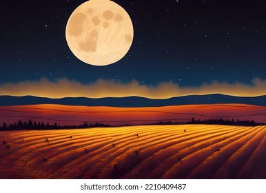 A Full Harvest Moon Shines Over The Fields.