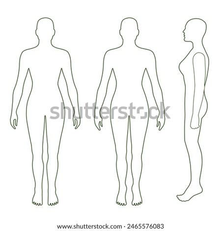 Full length front, back, side view of a lean bald standing naked woman silhouette, isolated on white background, illustration