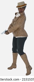 Full length image of Agatha, an older graying amateur sleuth woman holding a gun standing on an isolated background. Agatha is a 3D illustration character model render wearing a brown leather jacket.