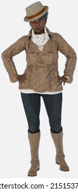 Full length portrait of Agatha, an older graying amateur sleuth woman standing akimbo on an isolated background. Agatha is a 3D illustration character model render wearing a brown leather jacket.