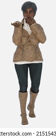 Full length portrait of Agatha, an older graying amateur sleuth woman standing hand out on an isolated background. Agatha is a 3D illustration character model render wearing a brown leather jacket.