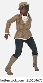 Full length portrait of Agatha, an older graying amateur sleuth woman hiding sneaking around on isolated background. Agatha is a 3D illustration character model render wearing a brown leather jacket.