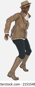 Full length portrait of Agatha, an older graying amateur sleuth woman hiding sneaking around on isolated background. Agatha is a 3D illustration character model render wearing a brown leather jacket.