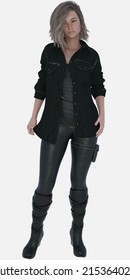 Full Length Portrait Of Nola, A Young Beautiful Brunette Woman Female Traveler Standing In A Dystopian Post-apocalyptic World. Nola Is A 3D Illustration Character Model Render