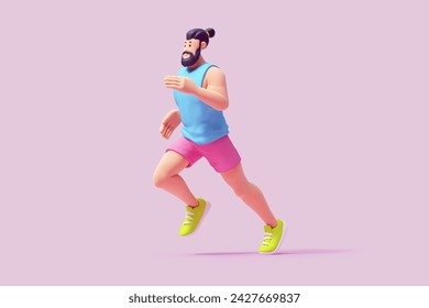 Full length of a young cute smiling bearded brunette man wears pink shorts, blue tank top, green sneakers running and having fun. Self-care, healthy lifestyle and wellness. 3d render in pastel colors. - Powered by Shutterstock