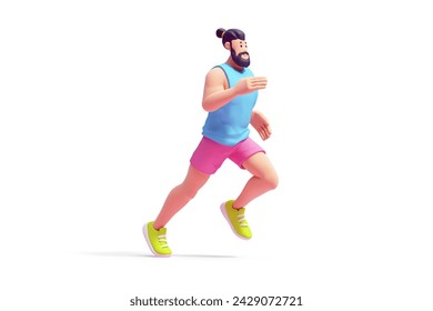 Full length of young cute smiling bearded brunette man wears pink shorts, blue tank top, green sneakers running and having fun. Self-care healthy lifestyle, wellness. 3d render isolated white backdrop - Powered by Shutterstock