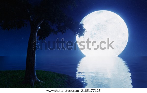 full moon blue tones Reflection on the surface\
of the sea or ocean. Big trees on small islands in the middle of\
the sea are shadows. Silhouettes against the background of a super\
moon. 3D rendering