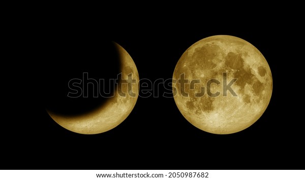 Full moon and crescent moon on dark night sky,\
black space. 2 Phases of the moon, lunar isolate on black\
background show Moonlight, Gravity, Moon effect and reflex over the\
Earth concept. 3D\
render