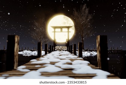 The full moon, golden yellow, shone brightly on a snowy night. White snow covered the wooden bridge that juts into the sea. Autumn night snow began to fall. 3D Rendering - Powered by Shutterstock