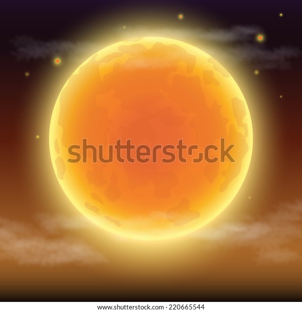 full moon illustration with clouds in the\
foreground, sky with\
stars