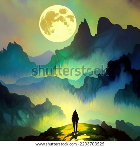 Full moon and mountains mystic landscape, digital painting art. Design wall art decoration print for canvas or poster. Stylish night mountains nature abstract background.