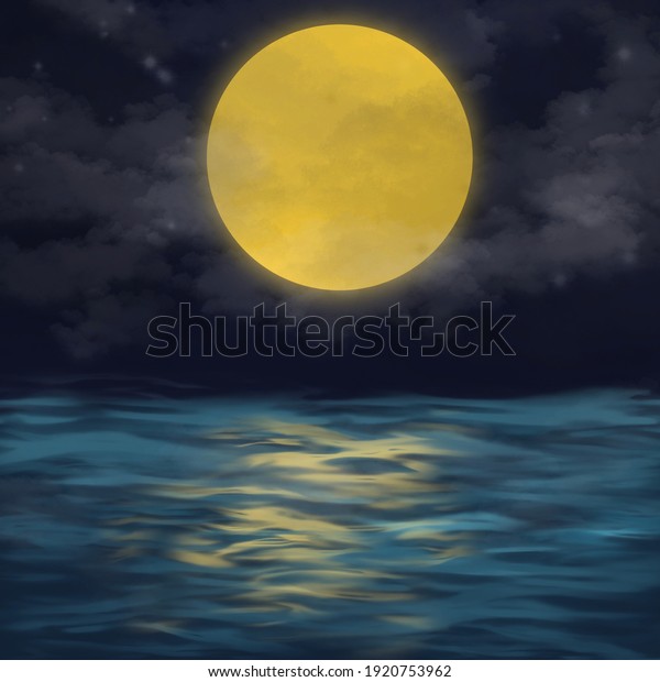 Full moon at night and it\'s reflection on the\
water surface