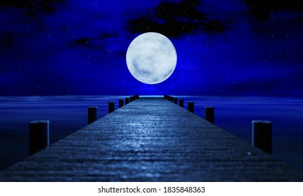 The full moon at night was full of stars and a faint mist. A wooden bridge extended into the sea. Fantasy image at night, super moon, sea water wave. 3D Rendering - Powered by Shutterstock