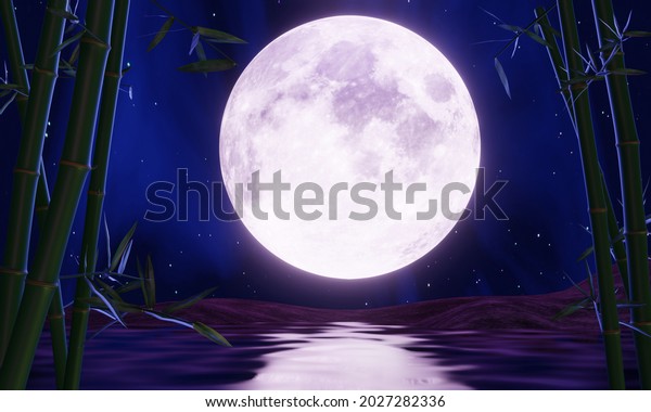 Full moon night or supermoon
reflected on the sea. There is a backdrop of bamboo. The zen style
image looks calm, bamboo trees and water surface. 3D
rendering