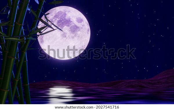 Full moon night or supermoon\
reflected on the sea. There is a backdrop of bamboo. The zen style\
image looks calm, bamboo trees and water surface. 3D\
rendering