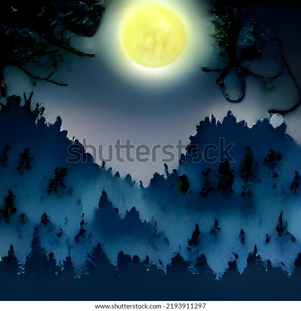 full moon on a\
mystical forest lake at\
night