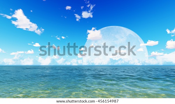 Full moon\
over blue sea and sky clouds 3D\
rendering