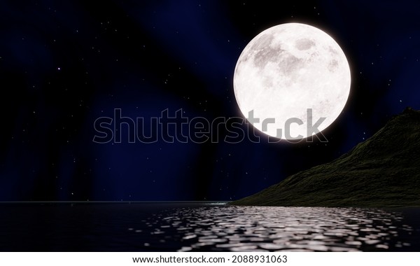 full moon Reflected on the surface of the sea\
or ocean. The night of the 15th lunar day or the Mid-Autumn\
Festival The stars fill the sky. super moon golden yellow beautiful\
nature. 3D\
rendering