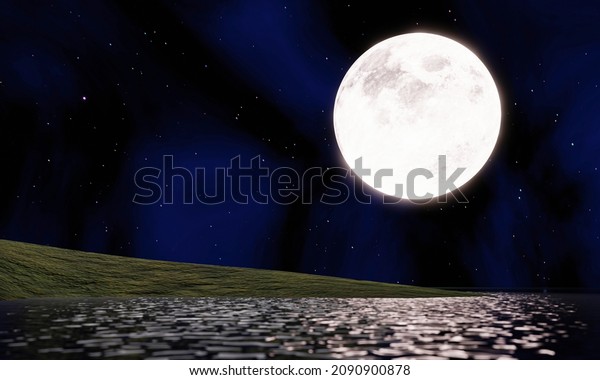 full moon Reflected on the surface of the sea\
or ocean. The night of the 15th lunar day or the Mid-Autumn\
Festival The stars fill the sky. super moon golden yellow beautiful\
nature. 3D\
rendering