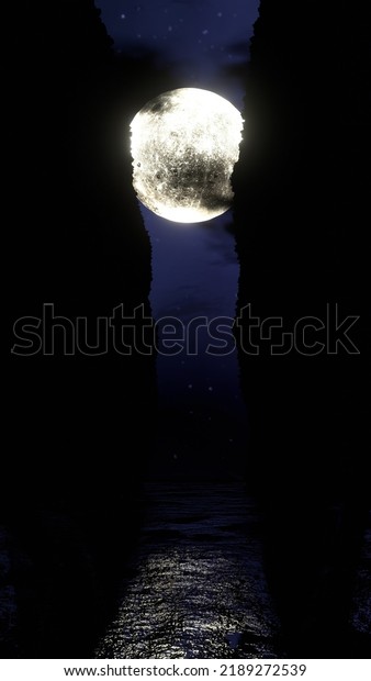 Full moon reflection in water at dark\
night. 3D illustration view of a moon between\
hills
