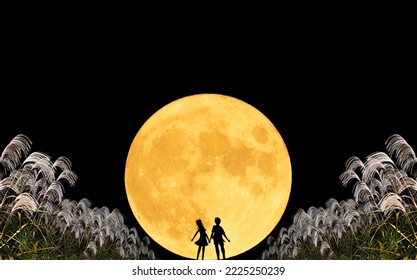 The Full Moon Rises From The Other Side Of The Road With Pampas Grass On Both Sides. Silhouette Of A Couple Looking At The Full Moon.