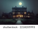 Full moon shines over a creepy haunted house.	