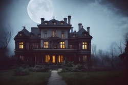 Full Moon Shines Over A Creepy Haunted House.	