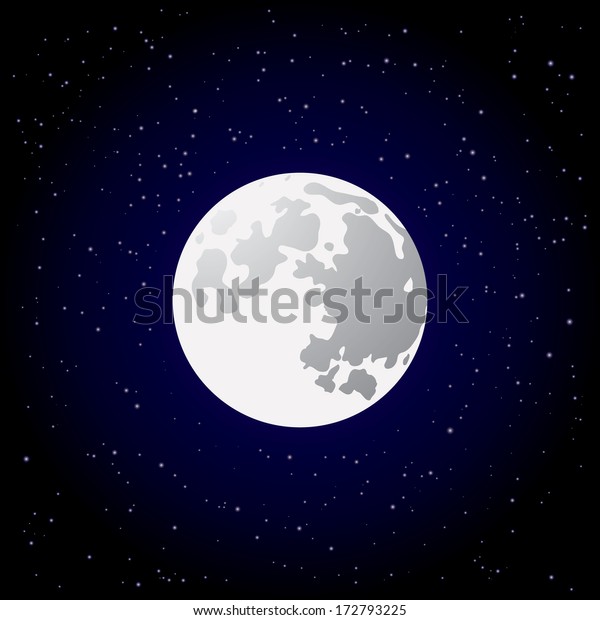 Full moon and
shining stars on dark blue
sky.