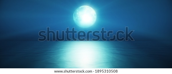 full moon in the sky background\
reflection in the sea ocean water. 3D render\
illustration