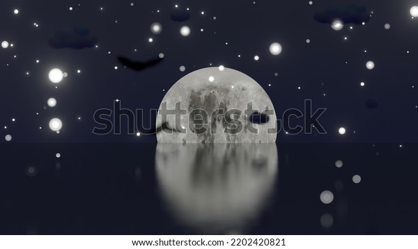 Full moon in a\
snowy sea night (3D\
Rendering)