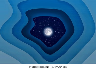 Full moon and starry sky through blue ice cave tunnel opening, creating surreal frozen cosmic dreamscape atmosphere at night.