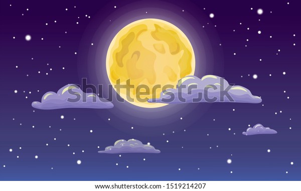 full\
moon, stars, and clouds on the dark midnight sky. Night sky scenery\
background. Cartoon moon on dark starry night sky with.\
illustration of moon, stars clouds on midnight\
sky