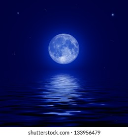 Full moon and stars reflected in the water surface. illustration. Elements of this image furnished by NASA