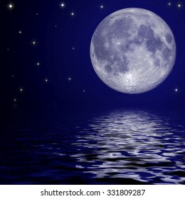 Full Moon And Stars Reflected In The Water Surface