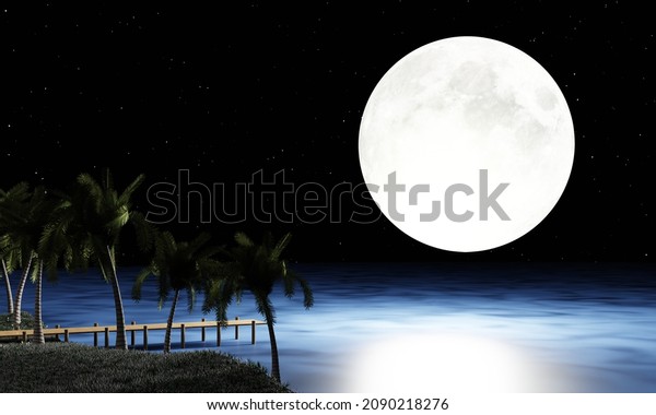 Full moon with stars in the sky. moonlight\
reflected on the water\'s surface or Sea and  Ocean. Fireflies on\
the grass, there are flowers on the field. romantic atmosphere of\
valentine. 3D\
Rendering