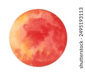 Full moon. Watercolor illustration of a red moon isolated on a white background, hand-drawn. A large bright round spot, an abstract planet, the sun. A decorative element for design and decoration.