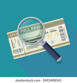 Full pass ticket under magnifying glass on a blue background with shadow (flat design) - Powered by Shutterstock