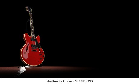 Full Red Electro Guitar On Guitar Stand With Black Background And Shiny Floor 3d Rendering