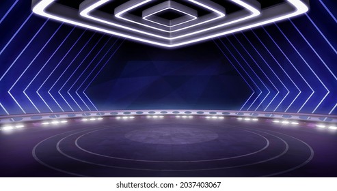 Full Shot Of A Modern, Virtual TV Show Background, Ideal For Artistic Tv Shows, Tech Infomercials Or Launch Events. 3D Rendering Backdrop Suitable On VR Tracking System Stage Sets, With Green Screen