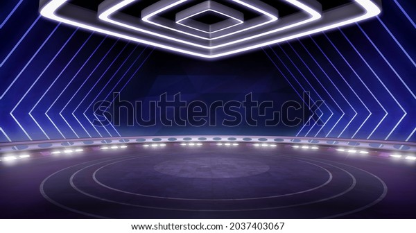 Full shot of a modern, virtual TV show background,\
ideal for artistic tv shows, tech infomercials or launch events. 3D\
rendering backdrop suitable on VR tracking system stage sets, with\
green screen