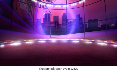 Full shot of a retro virtual show stage background, ideal for tv shows, commercials or events. A 3D illustration, suitable on VR tracking system sets, with green screen