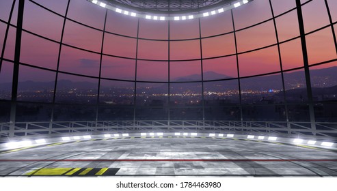 Full shot of a virtual studio set background, ideal for tv shows, commercials or events. 3D rendering backdrop suitable on VR tracking system stage sets, with green screen