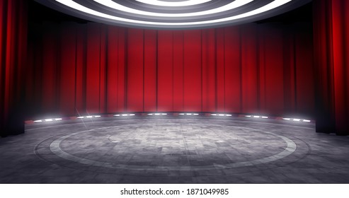 Full shot of a virtual theater background with red curtain, ideal for live shows or music events. 3D rendering backdrop suitable on VR tracking system stage sets, with green screen