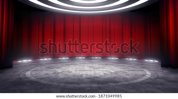 Full shot\
of a virtual theater background with red curtain, ideal for live\
shows or music events. 3D rendering backdrop suitable on VR\
tracking system stage sets, with green\
screen