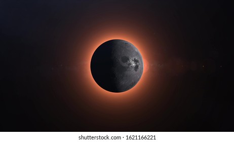 Full solar eclipse. The Moon mostly covers the visible Sun creating a gold diamond ring effect. 3d rendering.