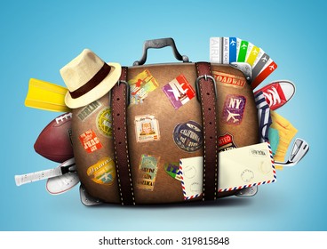 Full Suitcase Of A Traveler With Travel Stickers